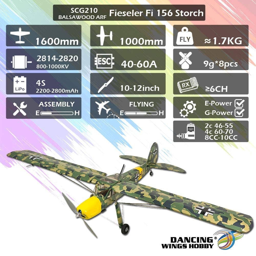 Dancing Wings Fi156 Storch Camouflage 1600mm Wingspan Balsa - ARF PNP